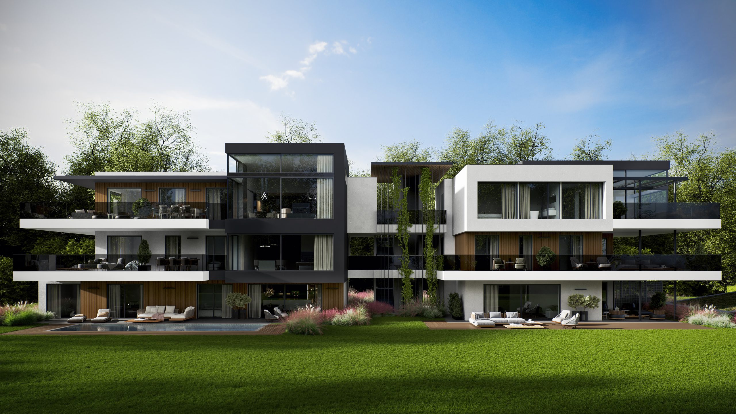 farbiges Projekt Rendering des Wohngebäudes in der Purgleitnerstraße 35 mit Blick aus dem Garten an einem sonnigen Tag, von Arch&Living